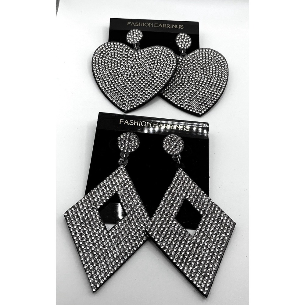 2 Pair Statement Rhinestone‎ Earrings Bundle – Hearts & Diamond Shape Bold New